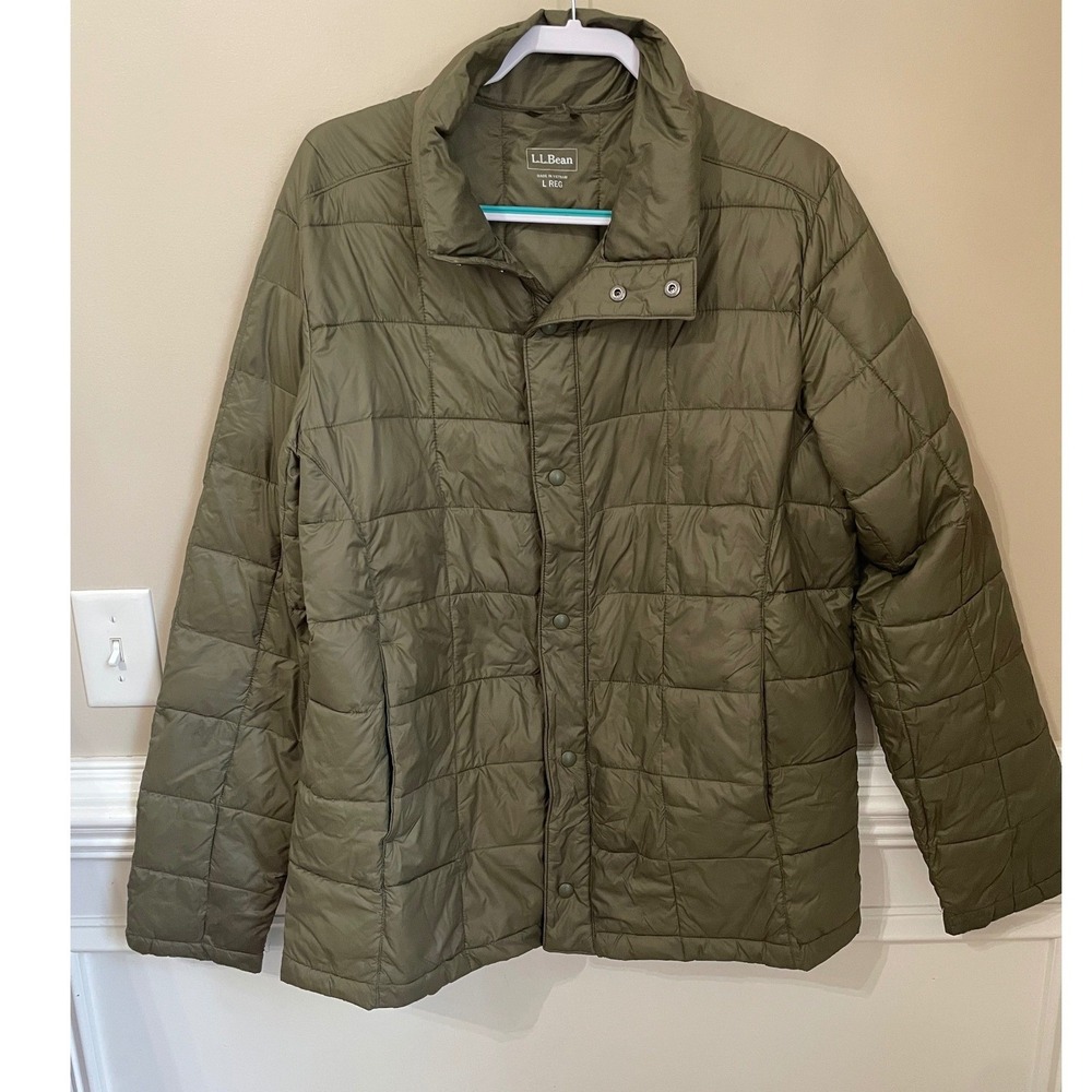 LL Bean Size L PrimaLoft Lightweight Quilted Puffer Jacket Olive Green Packable